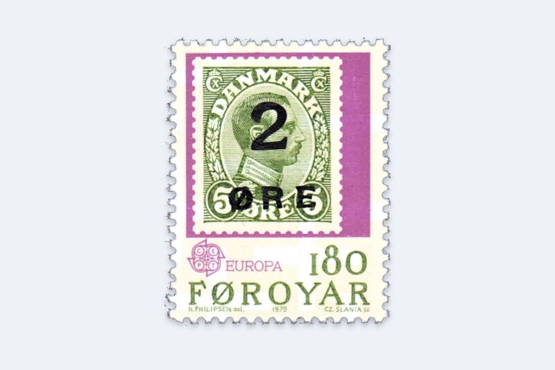 Faroe Islands 1979 Europa stamp showing the 1919 provisional: a Danish 5 øre stamp overprinted “2 ØRE”